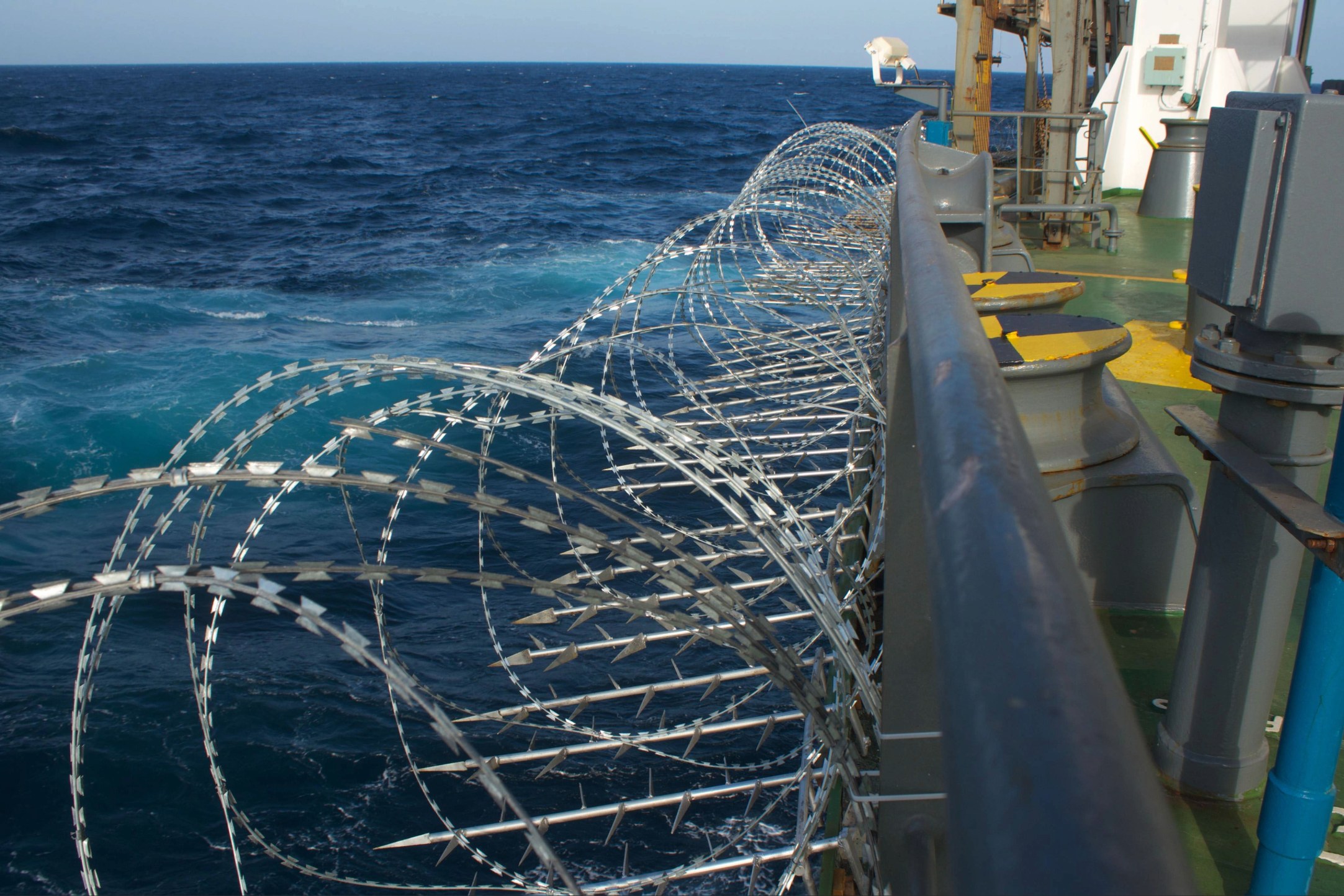 View of the vessel hardening on board ships using razor wire a
