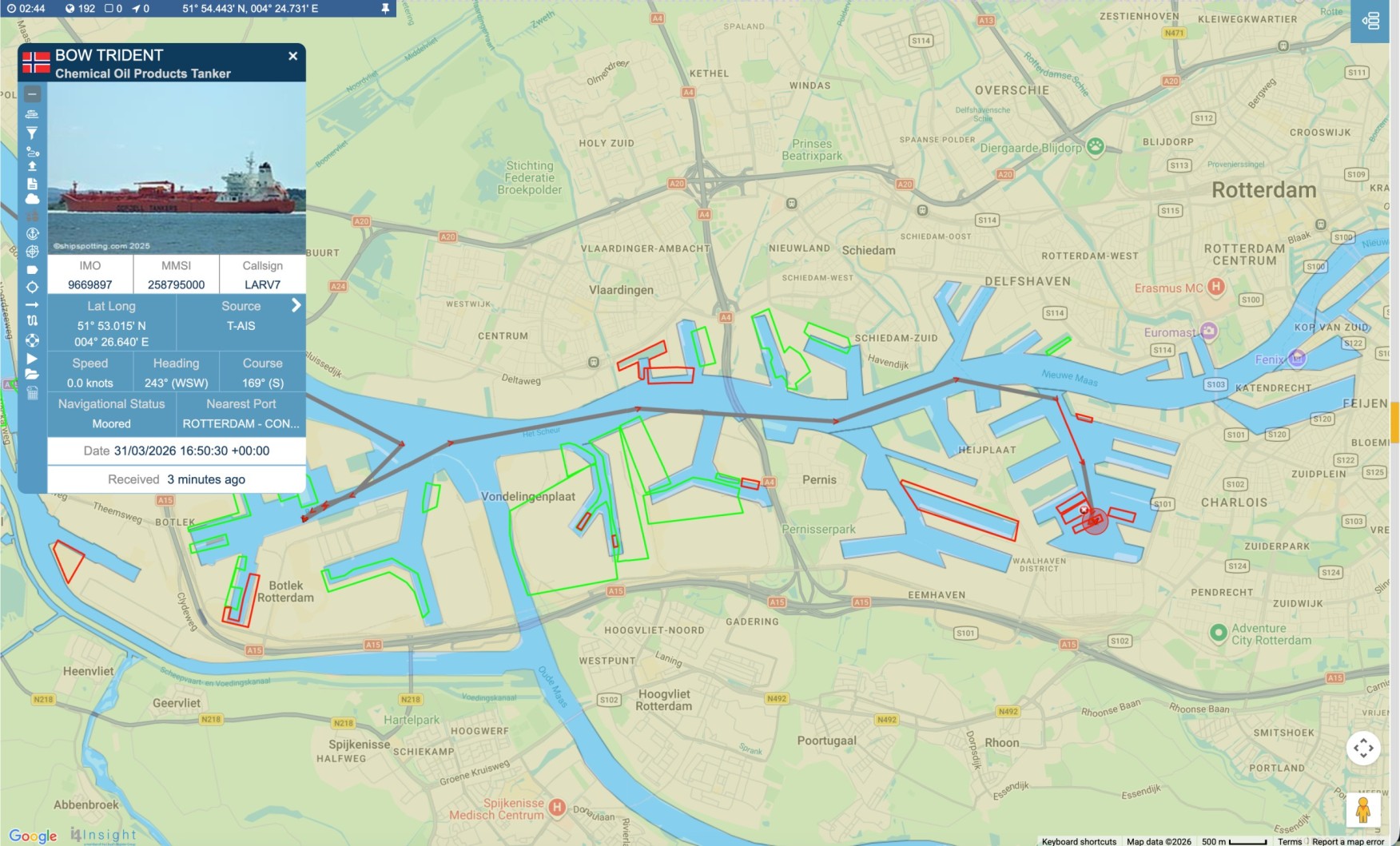 BigOceanData map of the Port of Rotterdam showing berth-level zones and a tanker's track to its berth